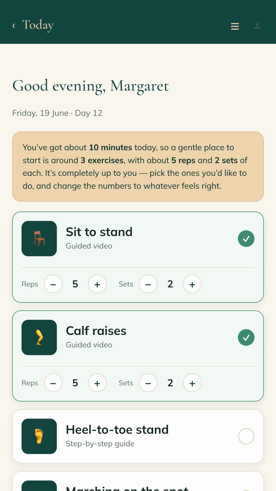 Themeda Health app - your plan for today
