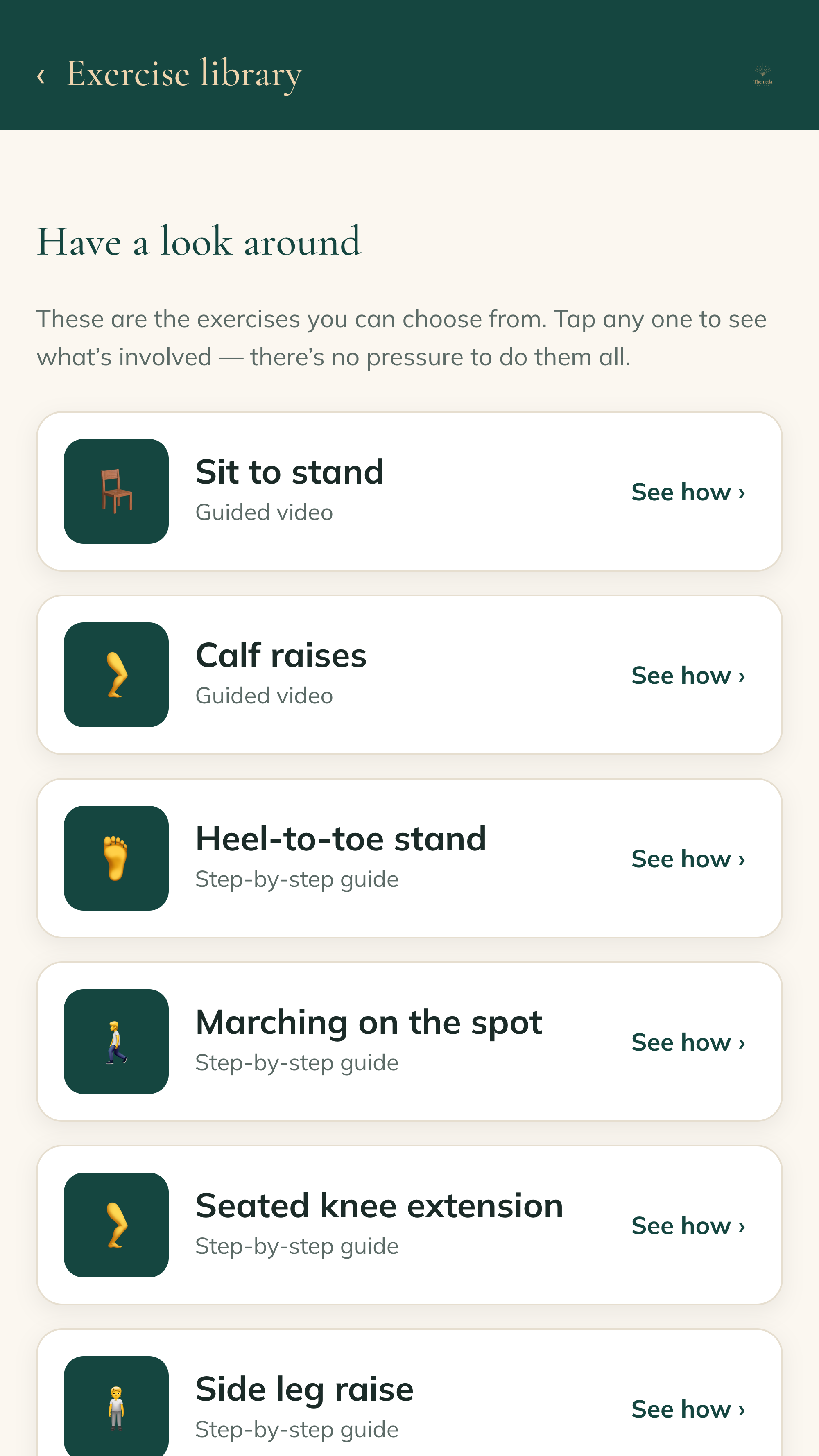 Themeda Health app - exercise library